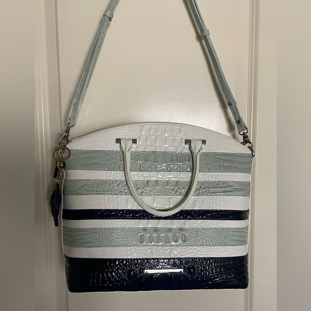 BRAHMIN Striped Patent Satchel Handbag in White, Light Blue and Navy